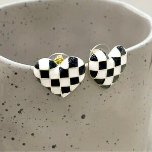 Heart Black and White Plaid Earrings